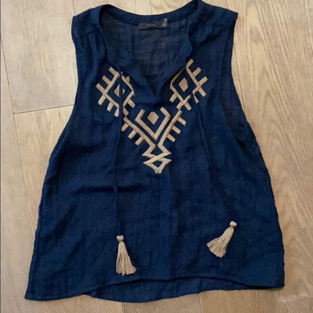 Navy XS tunic tank with embroidery & tassels